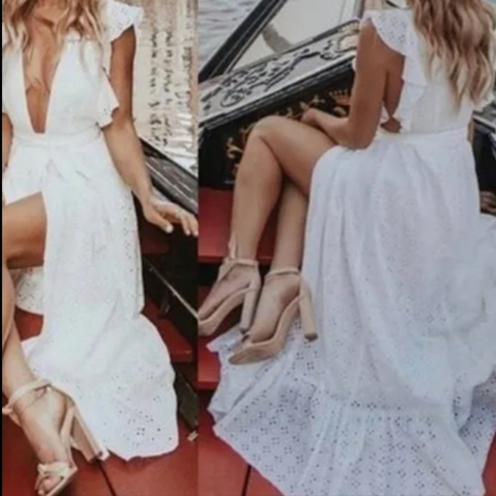 Majorelle Mistwood White Ruffle Cotton Eyelet Wrap Long Pinafore Type Dress XS - Picture 5 of 13